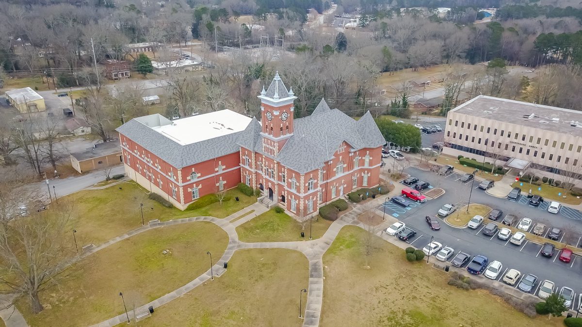 Aerial view of the restored 124 South Main building in downtown Jonesboro, GA